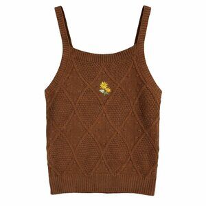 Brown Knit Sweater Tank Top Large Embroidered Daisy Cottagecore Y2K Ally Mae